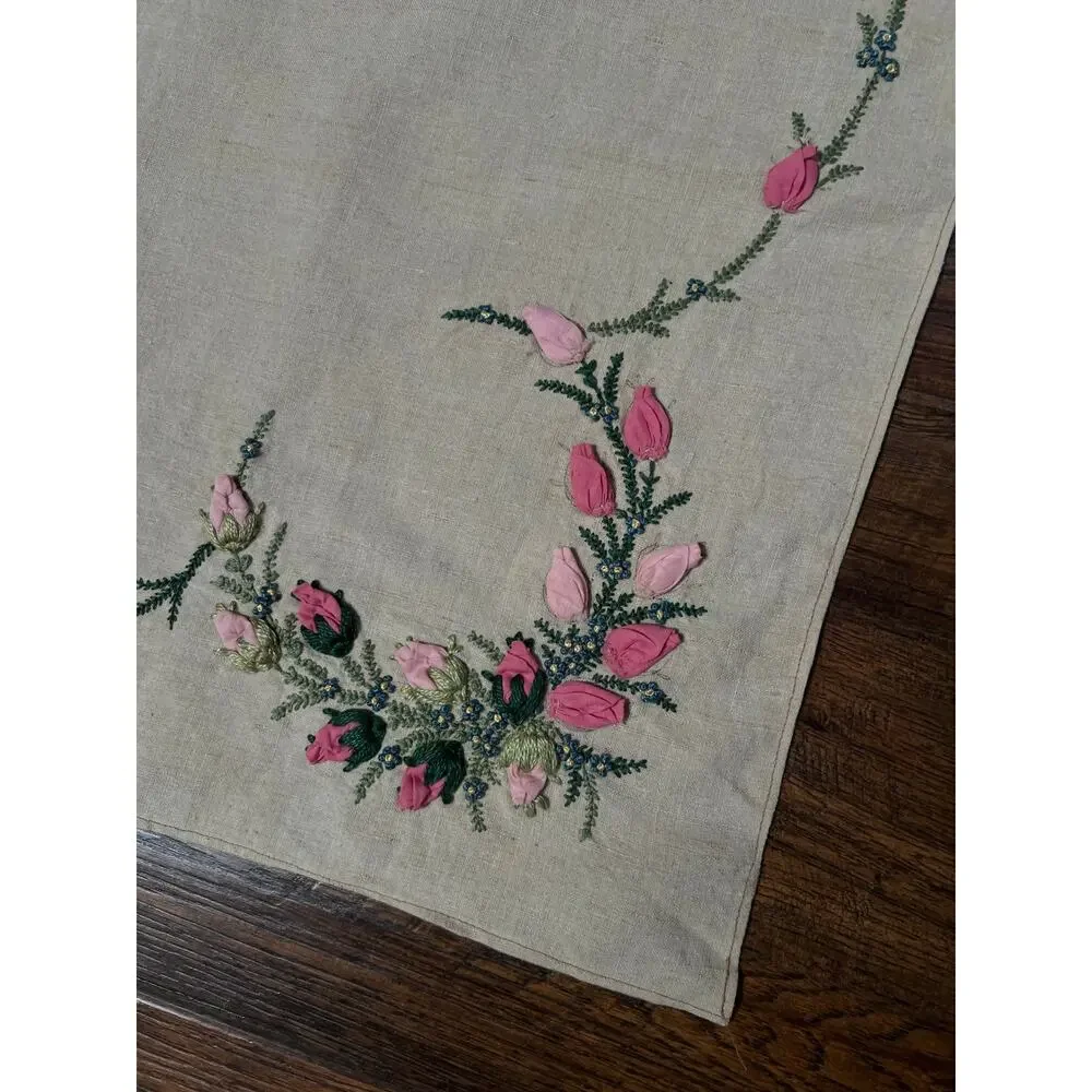 Vintage Rectangular Linen Table Runner Hand Embroidered Puffy Pink Rosebud Vine
